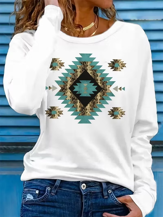 Lässig Ethnisch Rundhals Langarm T-Shirt