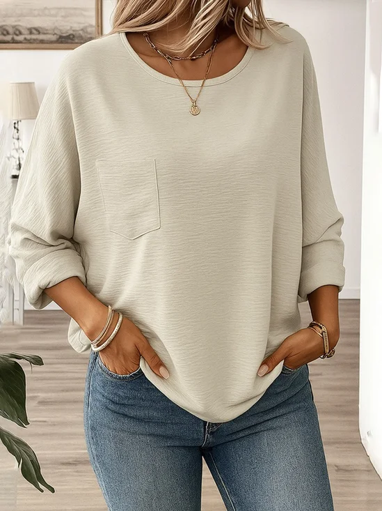Rundhals Langarm Unifarben Regelmäßig Weit Bluse für Damen