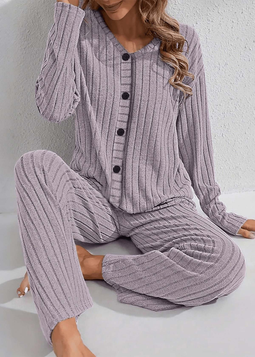 Herbst und Winter Warm Helllila Gestrickt V-Ausschnitt Knopf Strickjacke Gerippt Langarm Hose Zuhause gut schlafen Zweiteiliges Set