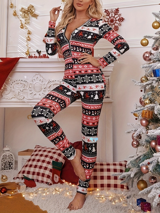 Damen Weihnachten V-Ausschnitt Langarm Lässig Frühling/Herbst Jumpsuit