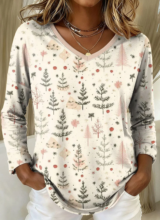 Lässig Weihnachten V-Ausschnitt Langarm T-Shirt