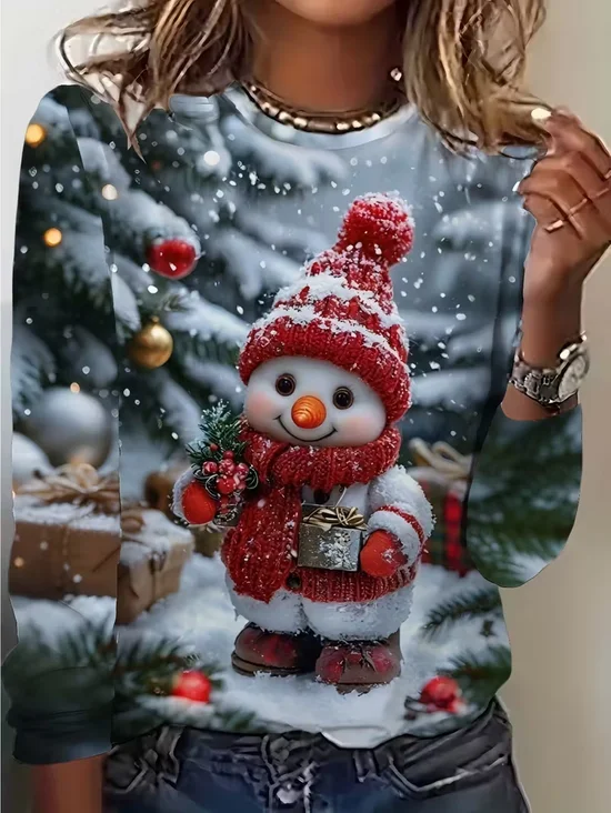 Lässig Weihnachtsschneemann Rundhals Langarm T-Shirt