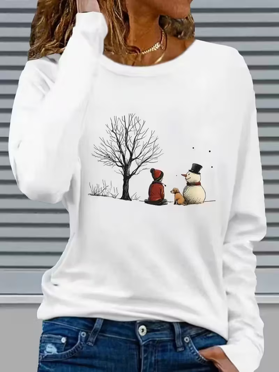 Lässig Weihnachtsschneemann Rundhals Langarm T-Shirt