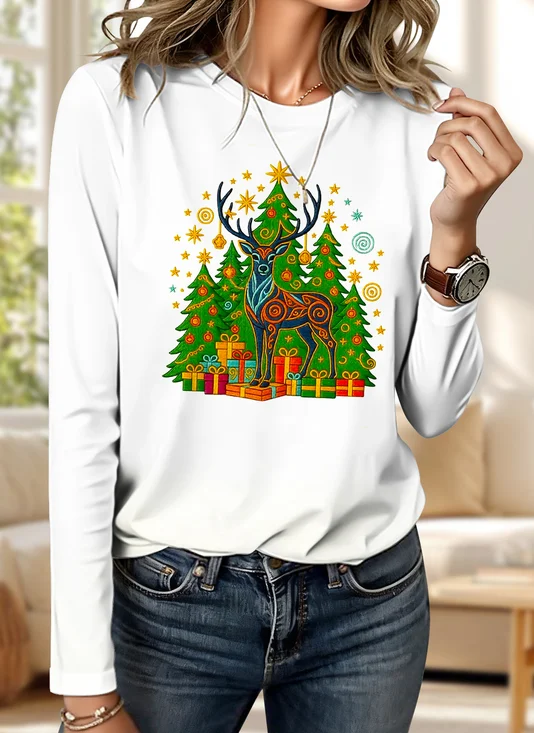 Retro Geblümt Rundhals Langarm T-Shirt