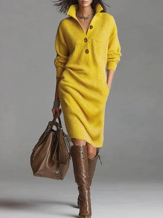 Damen Unifarben Herbst Kleid Rollkragen Langarm H-Linie Kleid