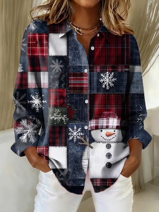 Hemdkragen Normale Ärmel Langarm Weihnachtsschneemann Schnalle Regelmäßig Weit Knopfhemd Bluse für Damen