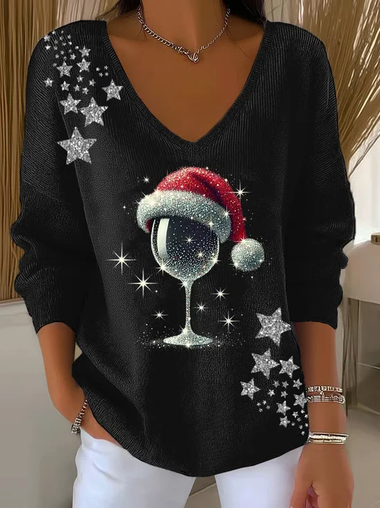 Lässig Weihnachten V-Ausschnitt Langarm T-Shirt