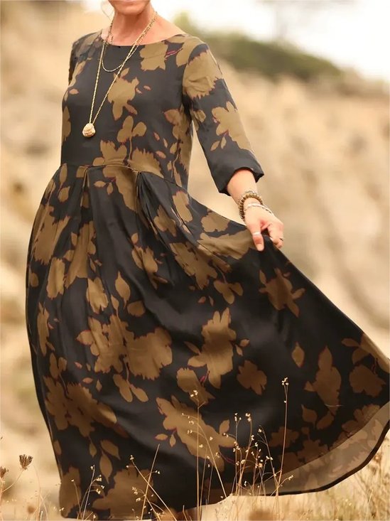 Damen Geblümt Sommer Kleid Rundhals Halbarm H-Linie Kleid