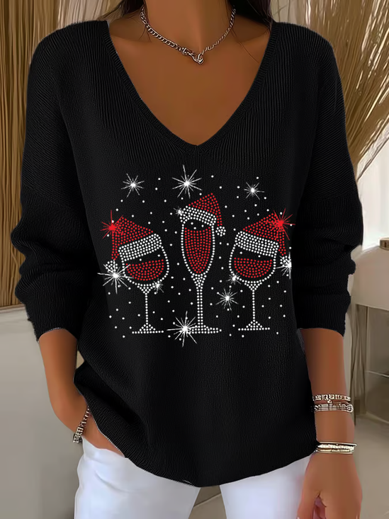 Lässig Weihnachten V-Ausschnitt Langarm T-Shirt