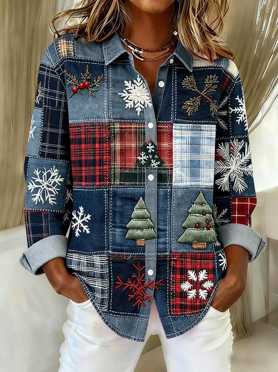 Hemdkragen Normale Ärmel Langarm Weihnachten Schnalle Regelmäßig Weit Knopfhemd Bluse für Damen