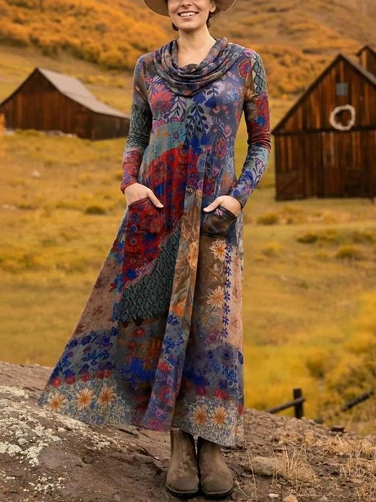 Damen Geometrisch Frühling/Herbst Kleid Wasserfallausschnitt Langarm H-Linie Kleid