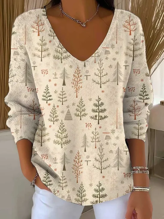 Lässig Weihnachten V-Ausschnitt Langarm T-Shirt