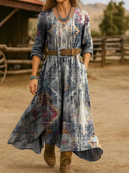 Damen Ethnisch Frühling/Herbst Kleid V-Ausschnitt Langarm H-Linie Kleid
