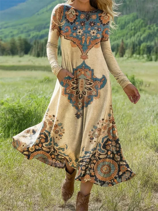 Damen Geometrisch Sommer Kleid Rundhals Langarm H-Linie Kleid