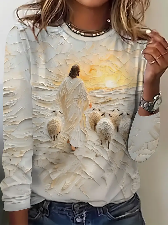 Lässig Jesus Kopieren Rundhals Langarm T-Shirt