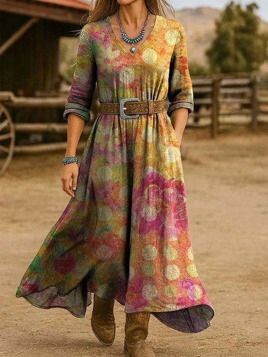 Damen Verlaufsmuster Frühling/Herbst Kleid V-Ausschnitt Langarm H-Linie Kleid