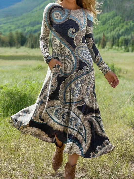 Damen Geblümt Sommer Kleid Rundhals Langarm H-Linie Kleid