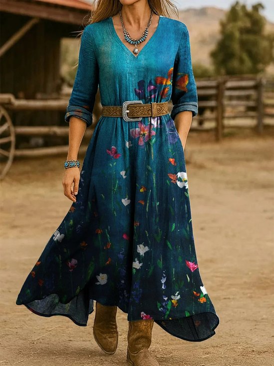 Damen Geblümt Frühling/Herbst Kleid V-Ausschnitt Langarm H-Linie Kleid