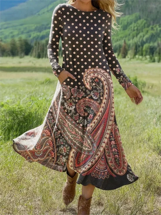 Damen Geblümt Sommer Kleid Rundhals Langarm H-Linie Kleid