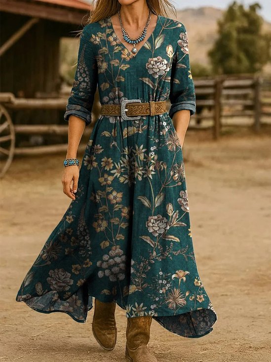 Damen Geblümt Frühling/Herbst Kleid V-Ausschnitt Langarm H-Linie Kleid