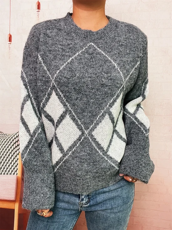 Damen Baumwolle Geometrisch Langarm Bequem Lässig Pullover