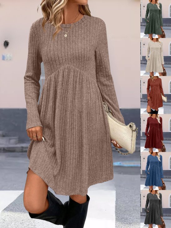 Damen Unifarben Frühling/Herbst Nahtverarbeitung Kleid Rundhals Langarm Tanktop A-Linien-Kleid