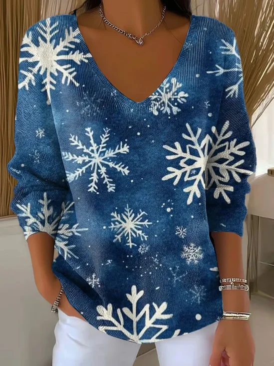 Damen Baumwolle Schneeflocke Langarm Bequem Lässig Pullover