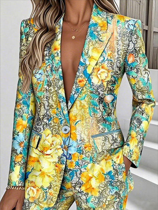 Damen Geblümt Frühling/Herbst Oberbekleidung Einfach Langarm Reverskragen Regelmäßig Blazer