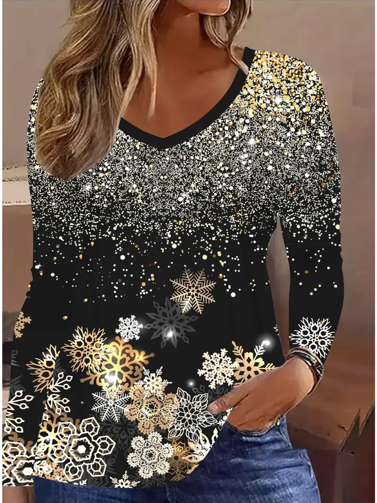 Lässig Weihnachten V-Ausschnitt Langarm T-Shirt