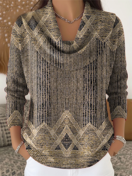 Damen Gestreift Langarm Bequem Retro Pullover