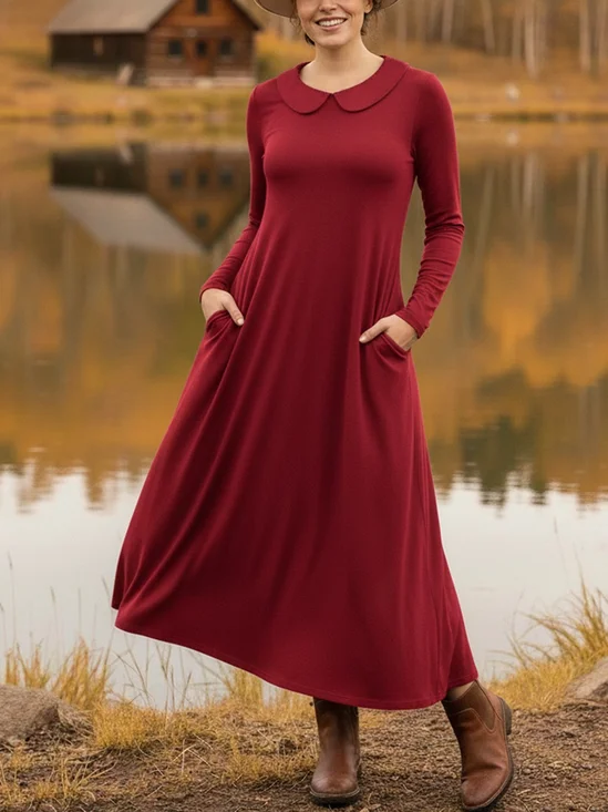 Damen Unifarben Frühling/Herbst Kleid Schalkragen Langarm A-Linien-Kleid
