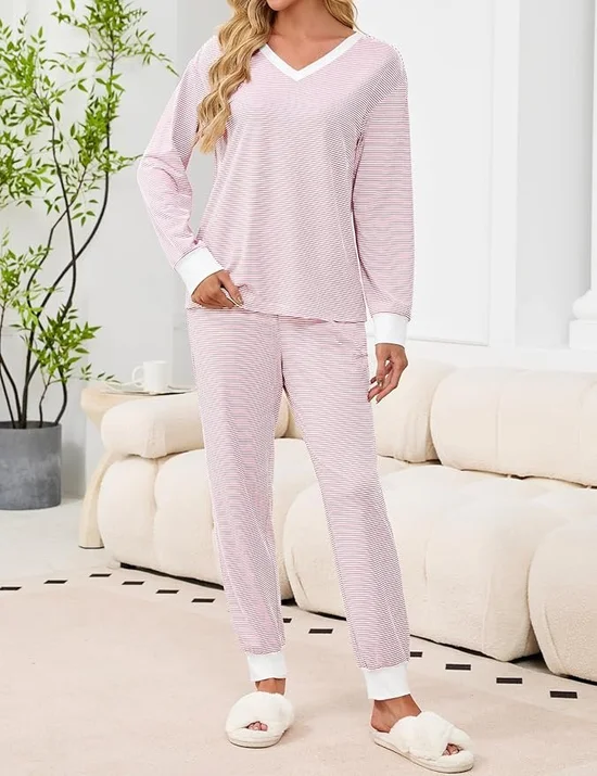 Farbblock V-Ausschnitt Lässig Regelmäßige Passform Pyjama Set