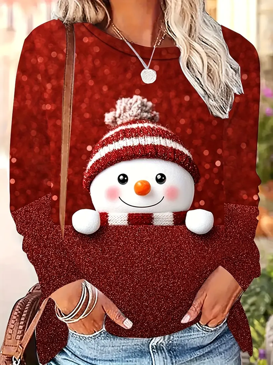 Lässig Weihnachtsschneemann Rundhals Langarm T-Shirt