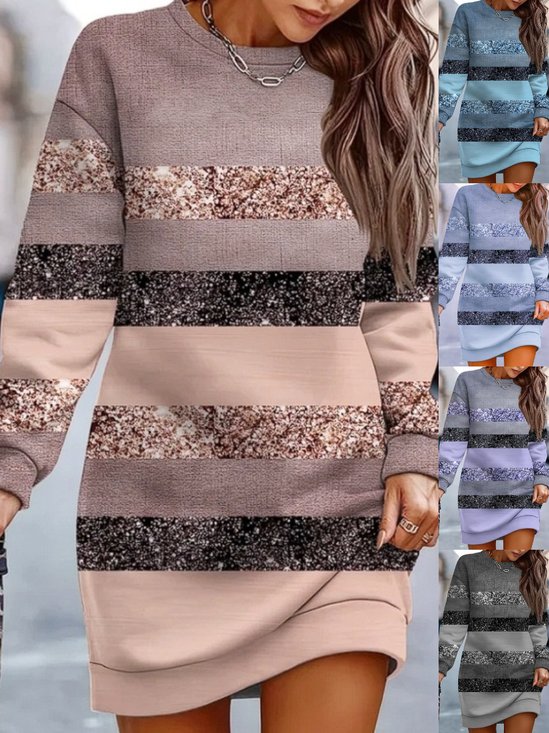 Damen Gestreift Frühling/Herbst Print Kleid Rundhals Langarm Hüftrock A-Linien-Kleid