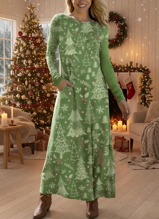 Damen Weihnachten Sommer Kleid Rundhals Langarm H-Linie Kleid