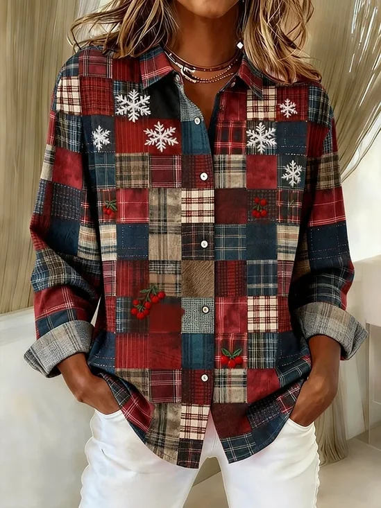 Hemdkragen Normale Ärmel Langarm Weihnachten Schnalle Regelmäßig Weit Knopfhemd Bluse für Damen