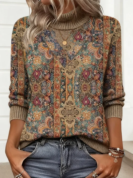 Damen Geometrisch Langarm Bequem Retro Pullover