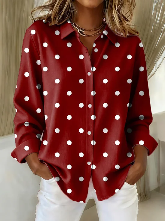 Hemdkragen Normale Ärmel Langarm Polka Dots Schnalle Regelmäßig Weit Knopfhemd Bluse für Damen