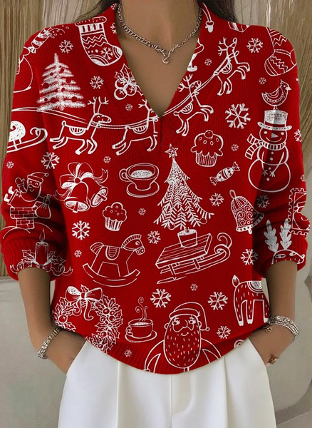 Damen Weihnachten Langarm Bequem Retro Pullover