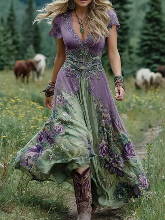 Damen Geblümt Sommer Kleid V-Ausschnitt Kurzarm A-Linien-Kleid