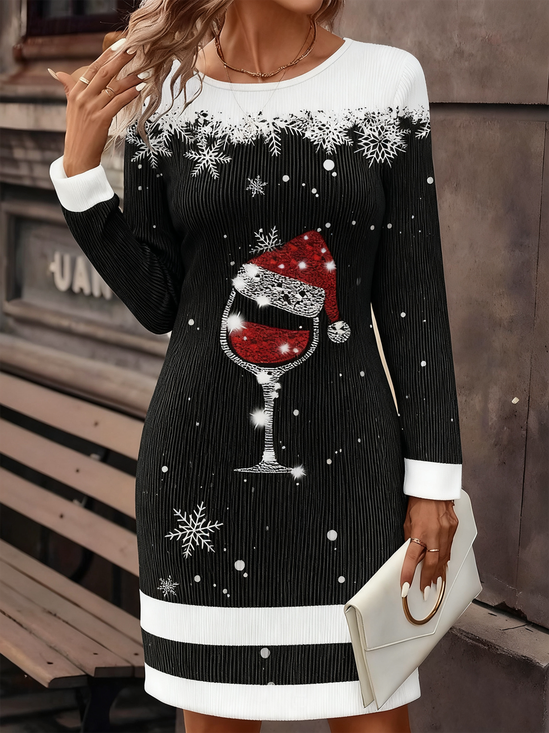 Damen Weihnachten Herbst Kleid Rundhals Langarm H-Linie Kleid