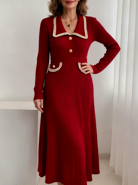 Damen Multifarben Block Frühling/Herbst Kleid Langarm H-Linie Kleid