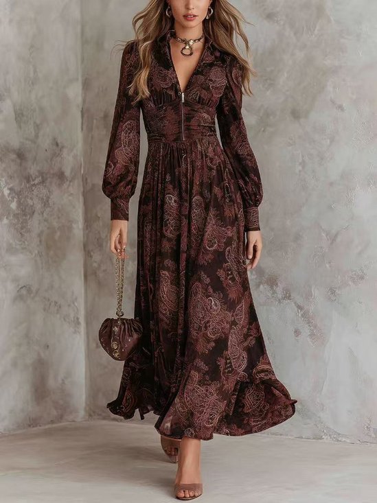 Damen Geblümt Frühling/Herbst Kleid V-Ausschnitt Langarm A-Linien-Kleid