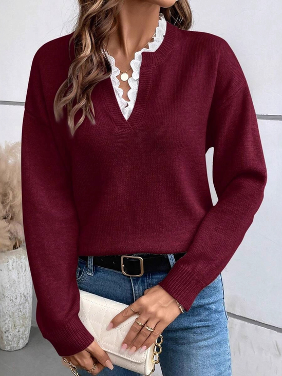 Damen Unifarben Langarm Bequem Lässig Pullover