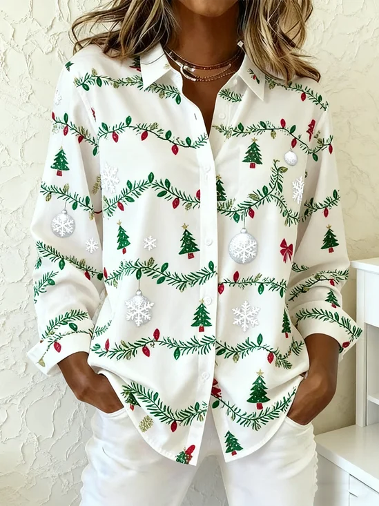 Schalkragen Langarm Weihnachten Regelmäßig Weit Bluse für Damen