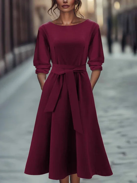 Damen Unifarben Frühling/Herbst Kleid Rundhals Langarm A-Linien-Kleid