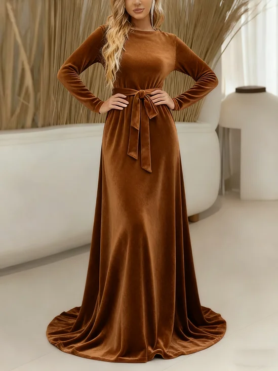 Damen Unifarben Sommer Kleid Rundhals Langarm A-Linien-Kleid