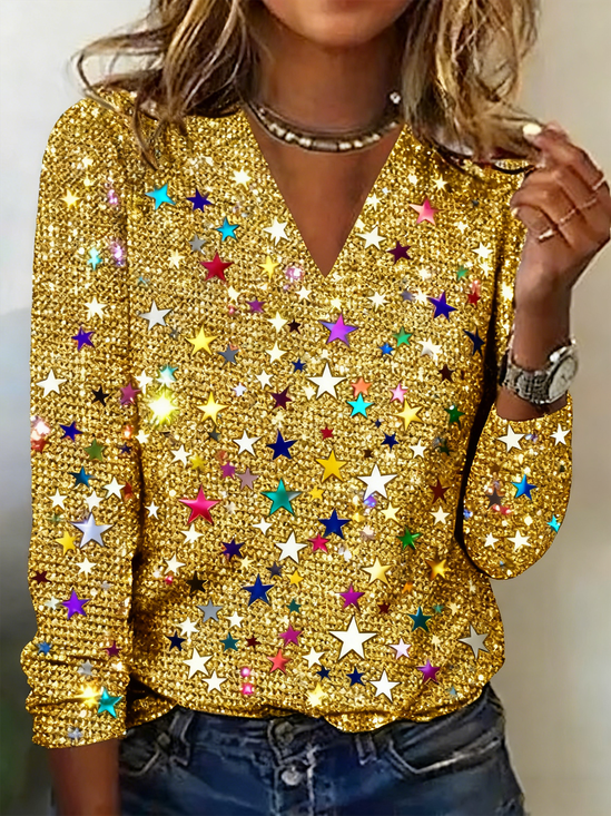 Lässig Stern V-Ausschnitt Langarm T-Shirt