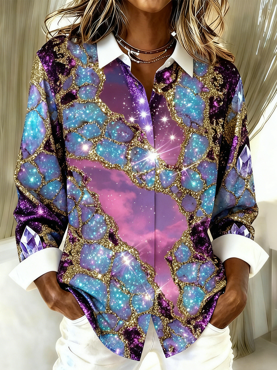 Hemdkragen Langarm Geometrisch Regelmäßig Weit Bluse für Damen