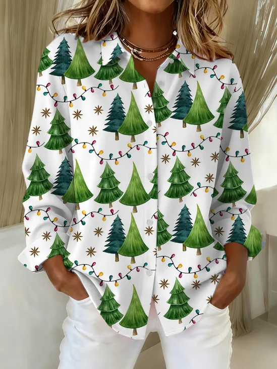 Hemdkragen Normale Ärmel Langarm Weihnachten Schnalle Regelmäßig Weit Knopfhemd Bluse für Damen